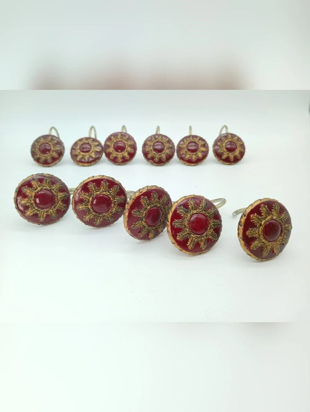 Vintage-Inspired Red and Gold Victorian Shower Rings - Set of 11 (One Missing)